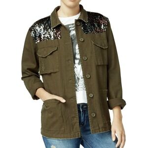 One Hart Utility Jacket L Olive Green Sequin Back Herringbone Statement Layering